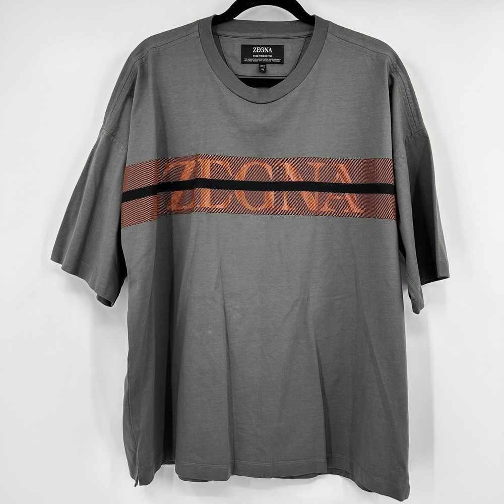 Zegna Mens Grey Logo Stripe Oversized T-Shirt XL Cotton Jersey Oversized Luxury